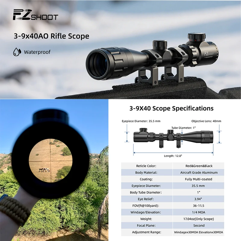 

EZshoot 3-9x40 AO Rifle Scope Dual Illuminated Reticle Optics Scope 1 Inch Tube Long Range SFP Riflescopes with 20mm Scope Ring