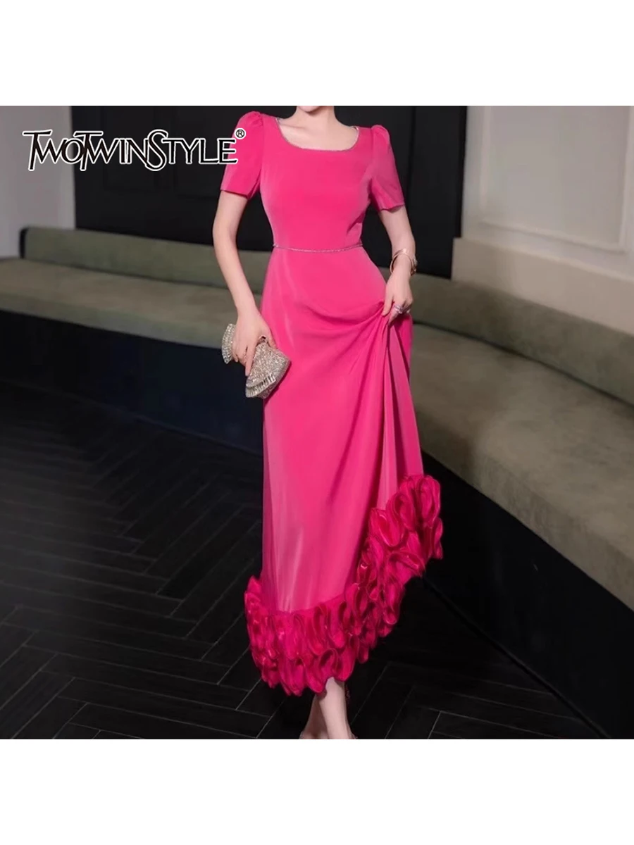 

TWOTWINSTYLE Solid Spliced Ruffles Slimming Dresses For Women Square Neck Short Sleeve High Waist Temperament Long Dress Female
