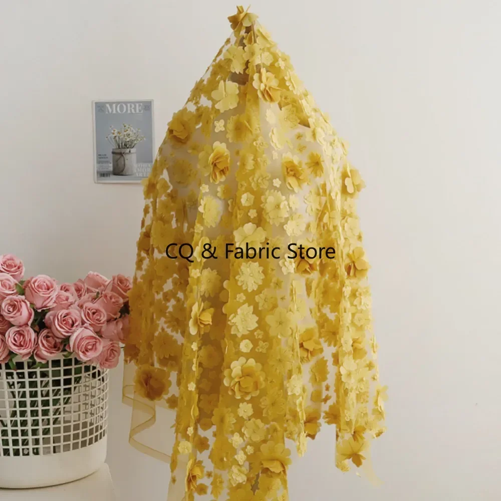 Yellow 3D Embroidered Floral Mesh Lace Fabric for Wedding Dresses, Cheongsams, and Designer Apparel By The Yard