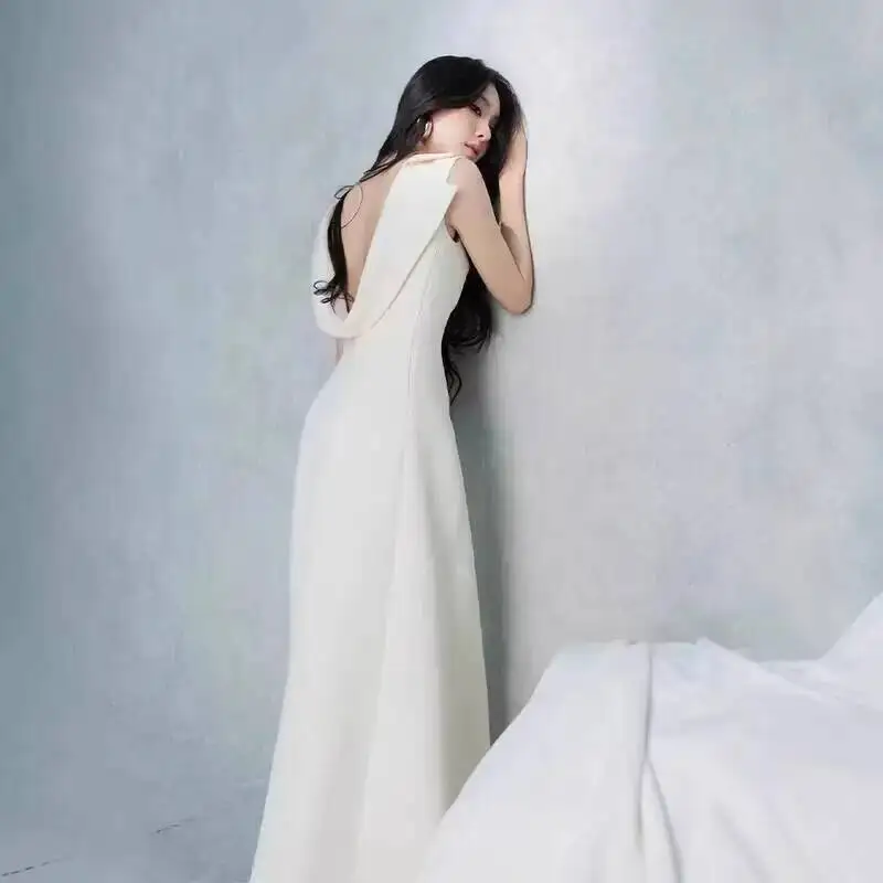 BEWQ femmes mode élégant Patchwork sans manches fendu Satin taille haute robe de soirée 2025 automne nouveau