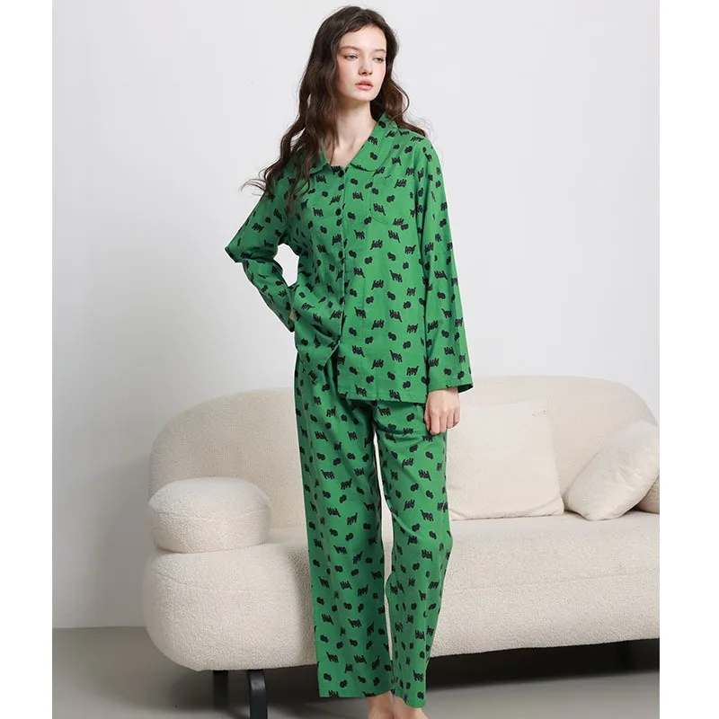 Korean Style Contrast Color Kitten Print Pajama Set Women Long Sleeve Pants Cotton Loungewear Autumn Winter Wear XL Size Green