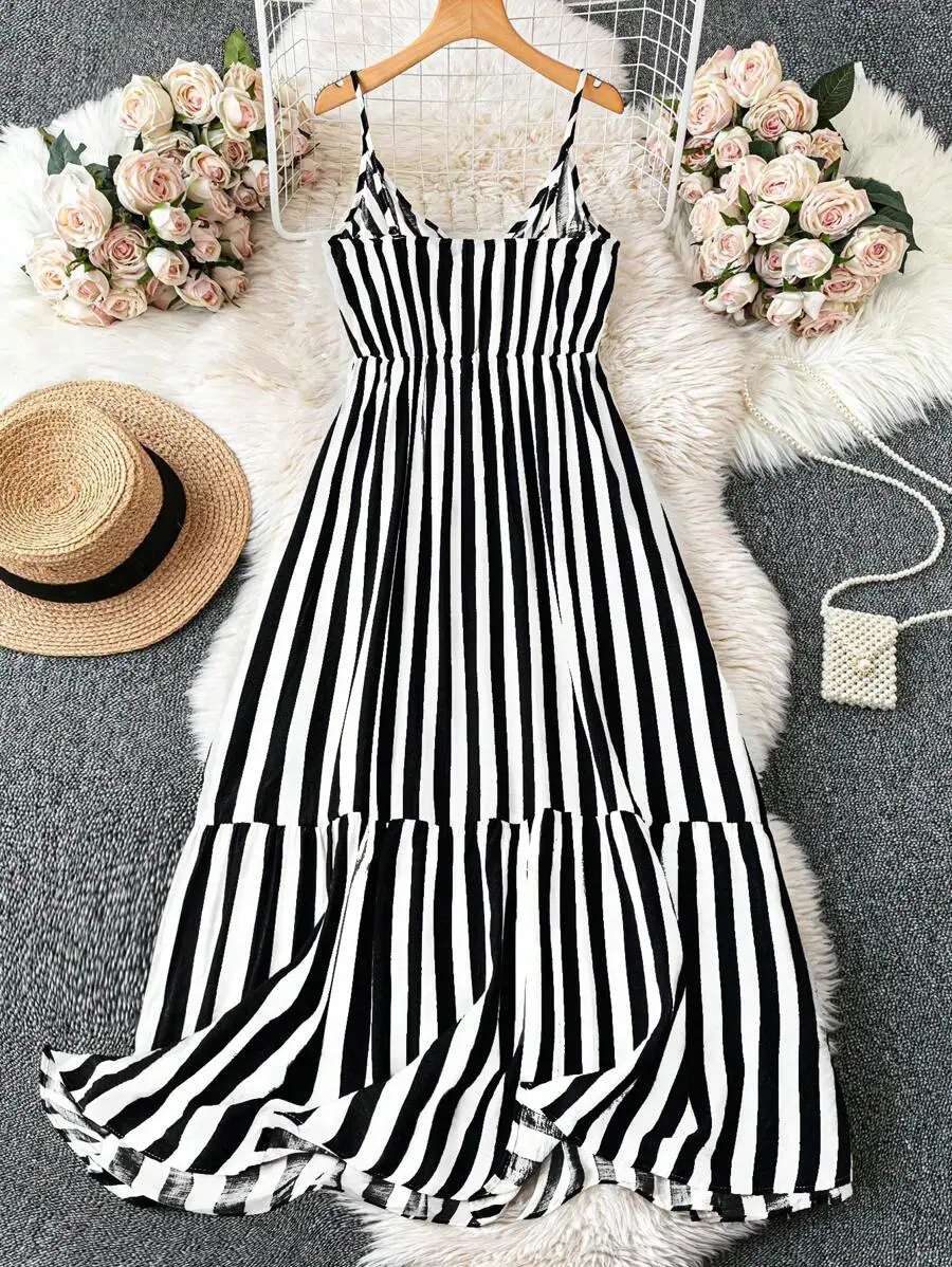 

Womens Striped Cami Dress Sleeveless Loose Fit Long Summer Dress