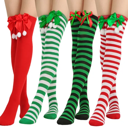 Imagen 1 del producto Nuevos calcetines navideños con lazo, medias hasta la rodilla con bola, adorno de manga larga, calcetines a rayas navideños para vacaciones, regalo