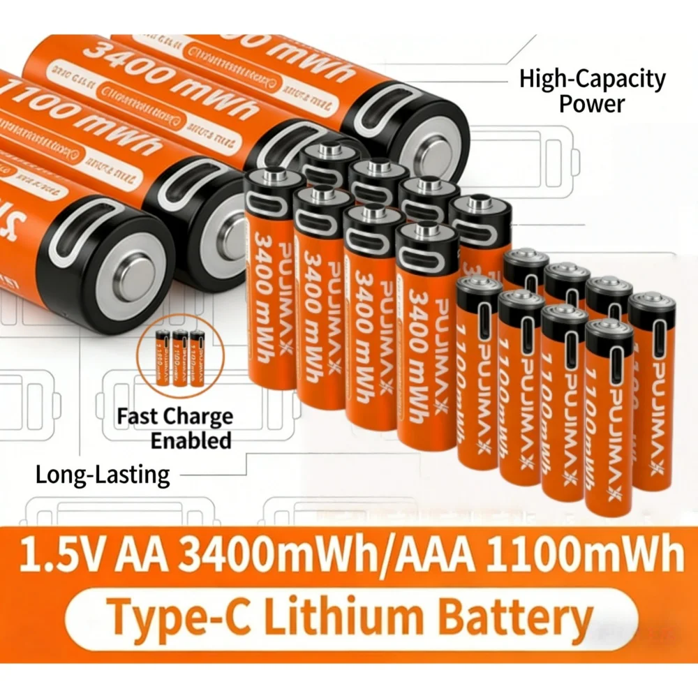 

1.5V AA AAA Rechargeable Lithium Batteries 3400mWh 1100mWh Type-C Fast Charge 1500 Cycles for Shavers & Sensors