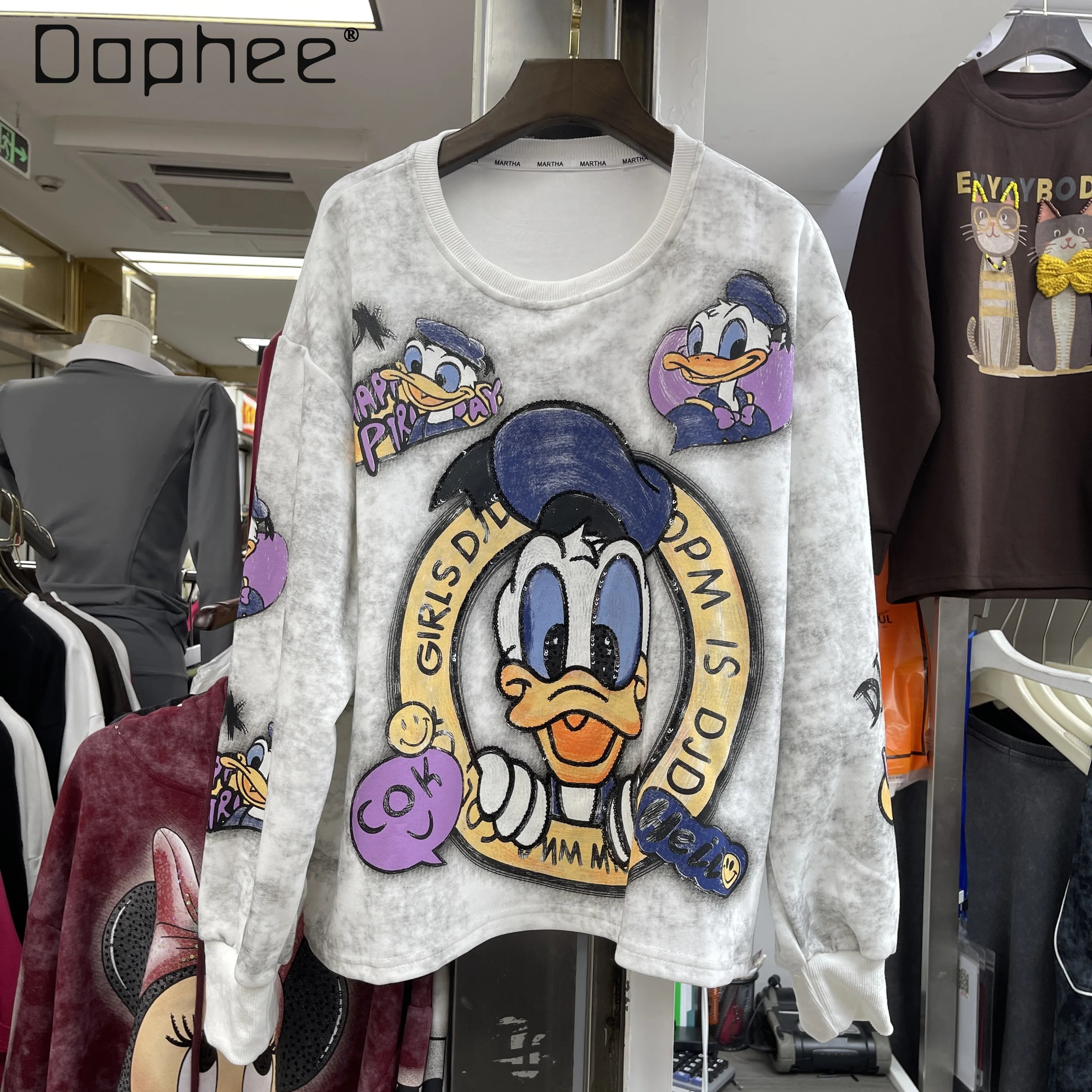 

Trendy Brand Round Neck Sweatshirt Autumn Winter Heavy-duty Printing Duck Cartoon Print Loose Large Version Fashion Top