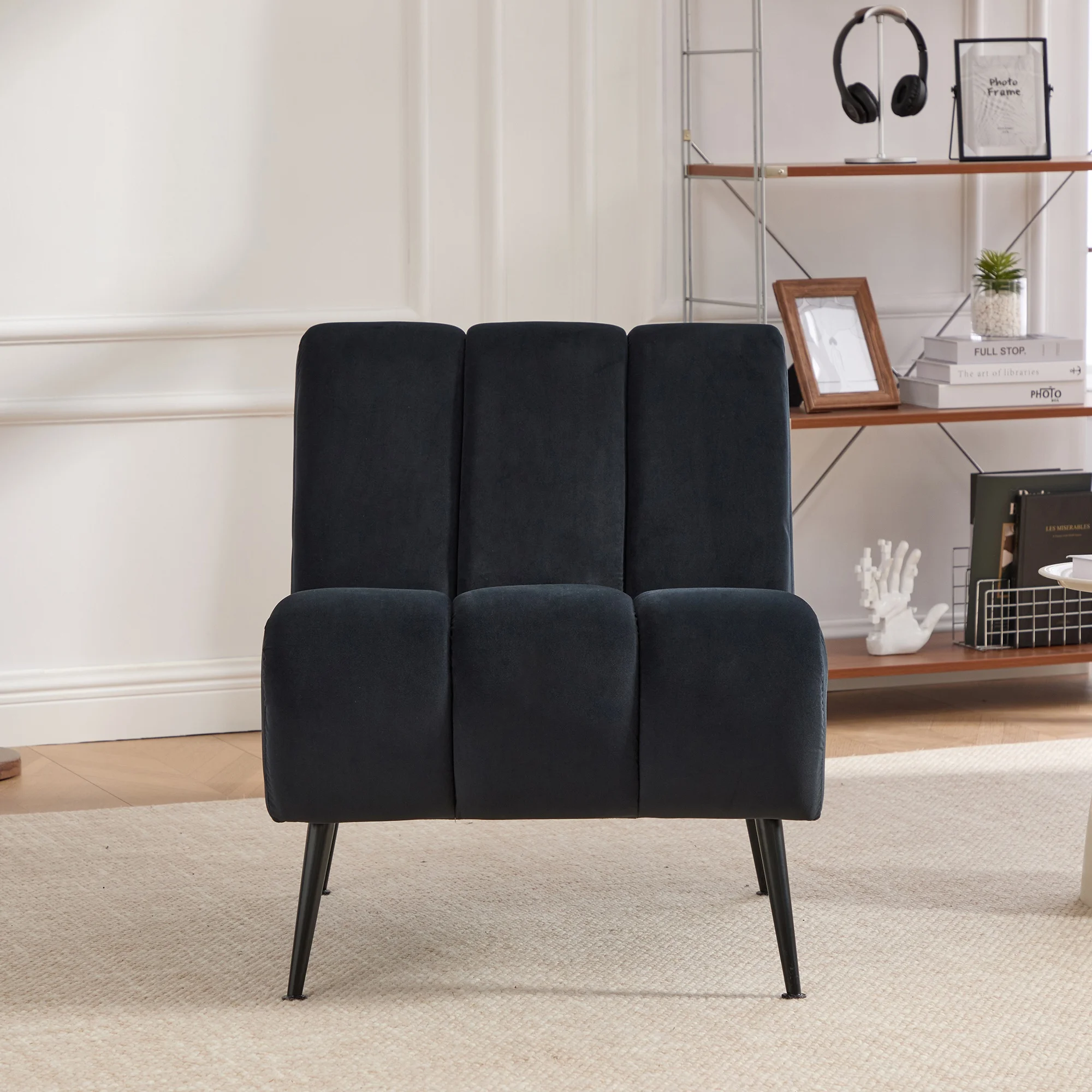 

#Wide Modern Upholstered Armless Velvet Chair With Black Metal Legs Soft Living Room & Bedroom Accent Chair
