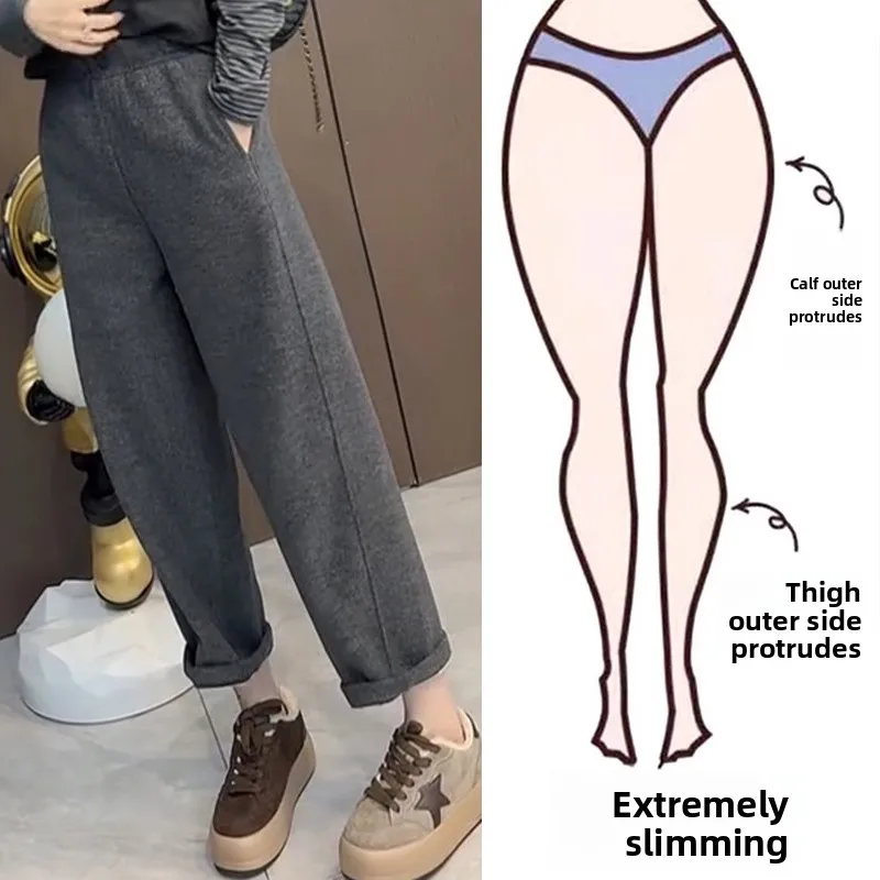 

Gray Thickened Woolen Harlan Casual Pants High Waist Nine Points for plus Size Women Autumn Winter New Style Warm Straight Le...