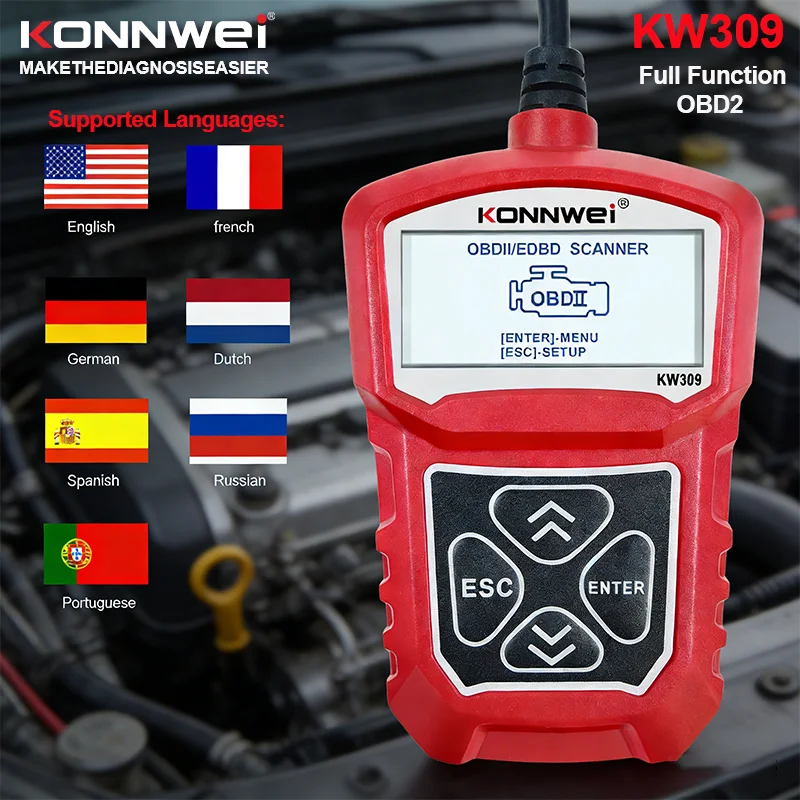 

KONNWEI KW309 Car OBD2 Scanner Diagnostic Tool 12V O2 Sensor Test EOBD Live Data Fault Code Read Erase Diagnosis Tool PK Elm327