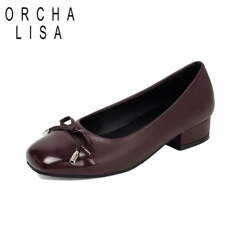 ORCHA LISA Brown Women Flats Square Toe Slip On Butterfly Knot Plus Size 41 42 43 Soft Handmade Office Lady Daily Shoes Footwear