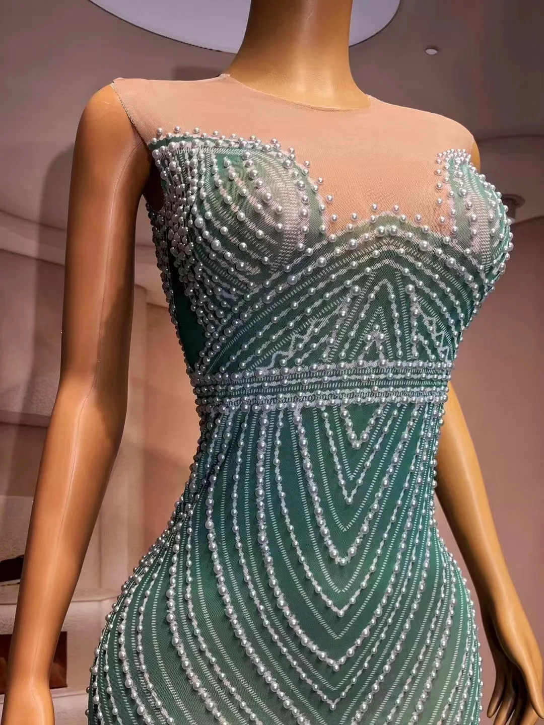 New Designed Green Mesh Pearls Sleeveless Stretch Dress Evening Birthday Celebrate Costume Prom Party Show Photo Shoot Dress