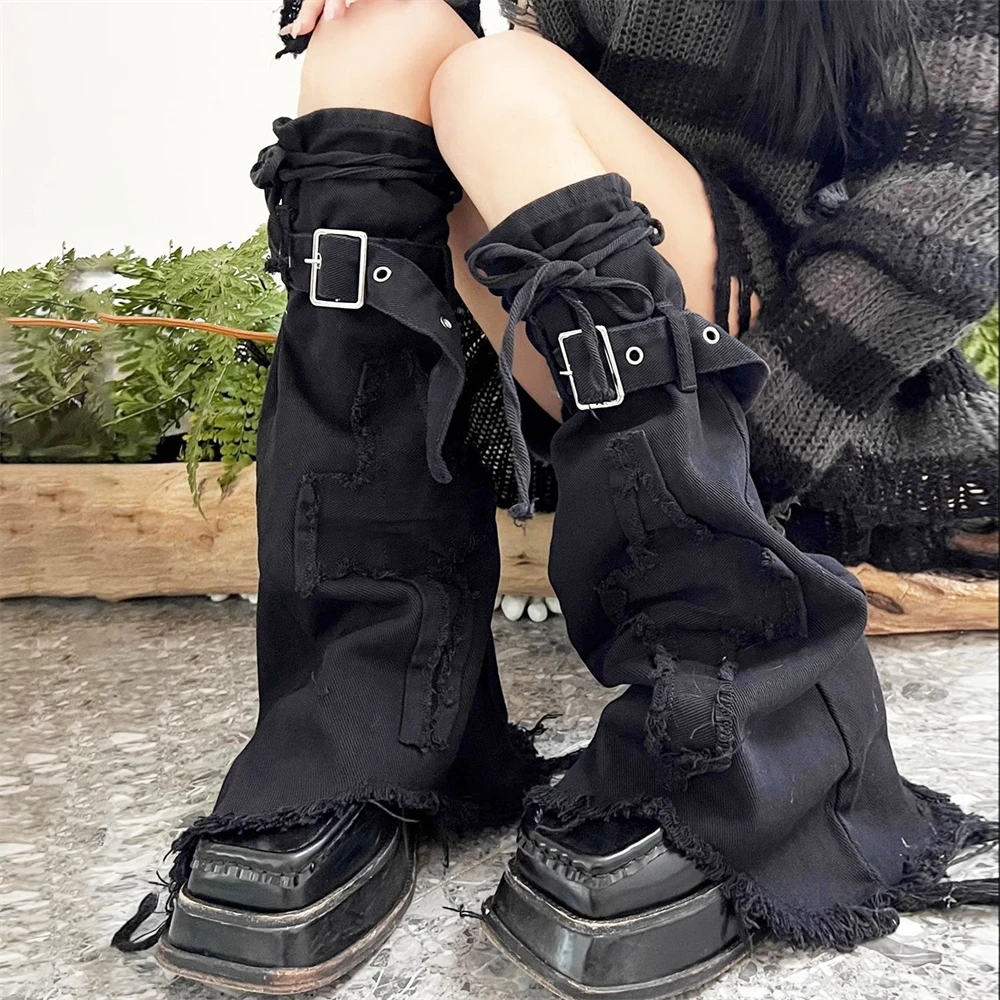 

Retro Punk Cross Denim Leg Warmer Women Y2k Rock Leg Socks Adjustable Drawstring Gothic Knee High Sock Fashion Hip Hop Leg Cover