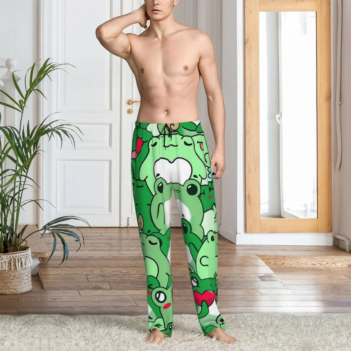 Custom Crowded Cute Frog Pattern Pajama Pants Men Sleepwear Sleep Lounge Bottoms with Pockets