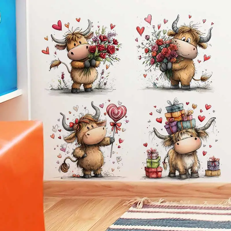 Cute Valentine Highland Cow Wall Sticker Bedroom Kids Room Background Decoration Mural Animals Home Decor Waterproof Decals S933