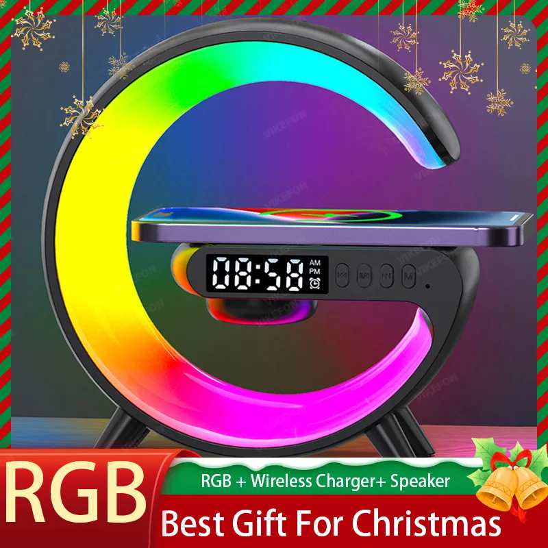 Wireless Charger Pad Stand Bluetooth Speaker TF RGB Atmosphere Night Light 15W Fast Charging Station For iPhone Samsung Xiaomi