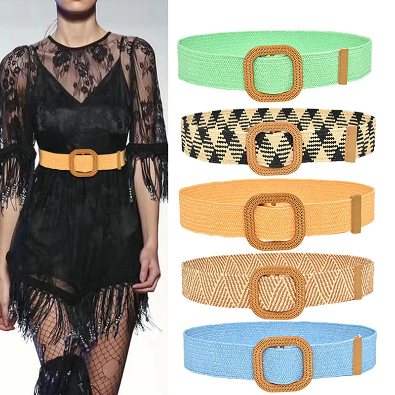 Wide Belt Stretchy Elasticated Raffia Woven Wooden Buckle Women's Belt Fashion Creative Accessories