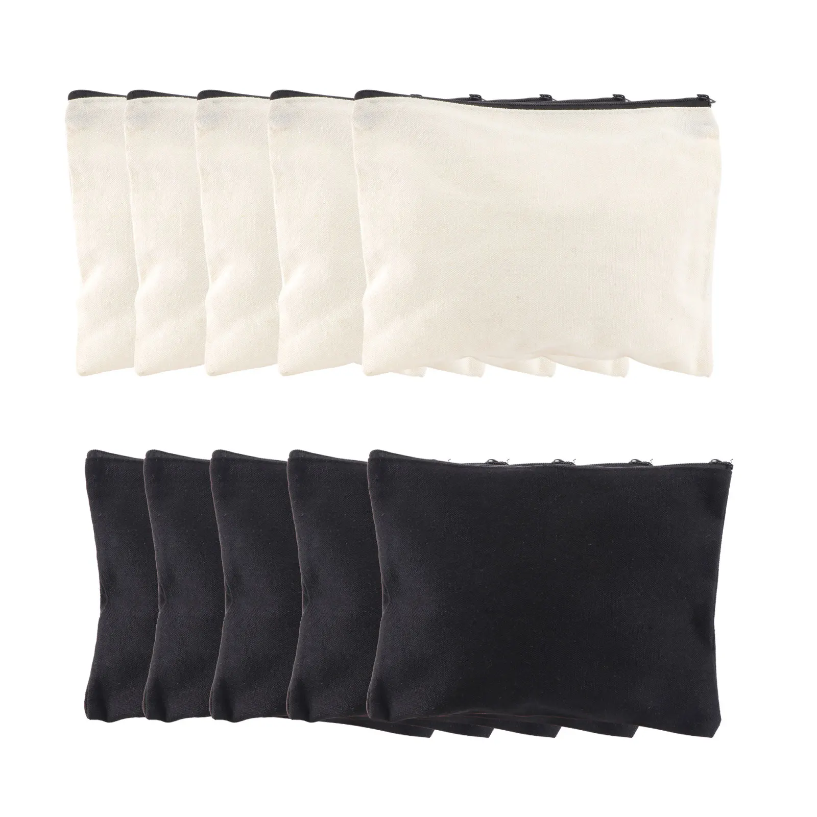 

10Pcs Portable Storage Bag Cotton Canvas Zipper Multi-Purpose Wash Bag Pencil Case for Home School Trip Black Beige
