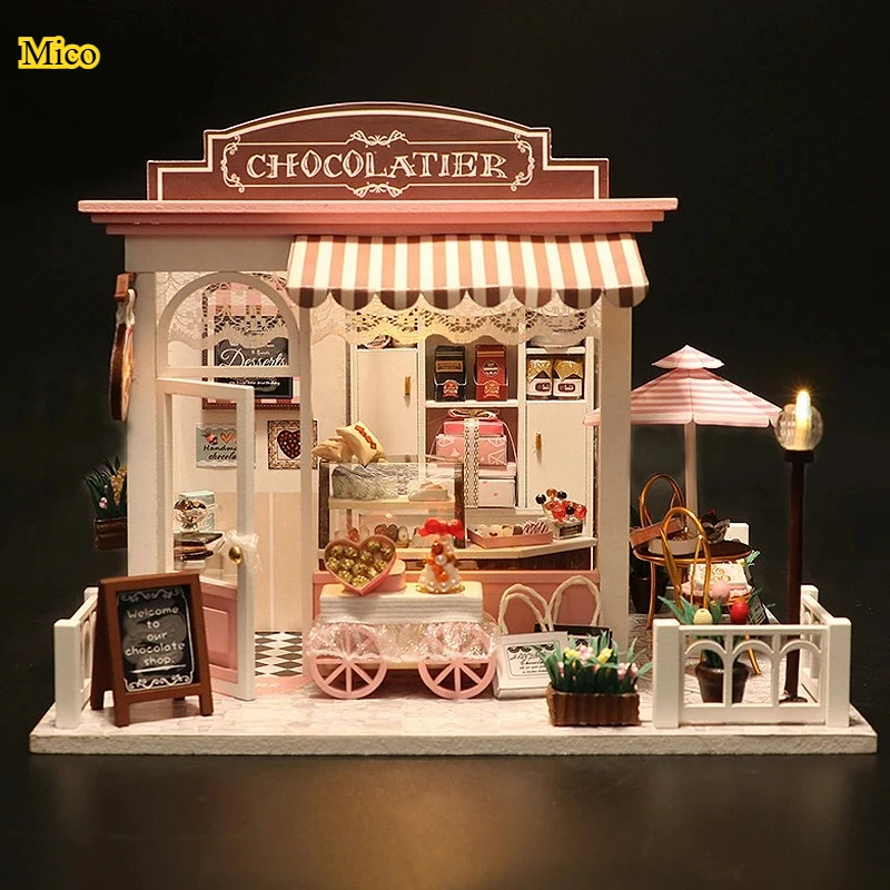 

DIY Mini House Dessert Shop Kit 3D Furniture Assembly Model Wooden Desktop Sculpture Decoration