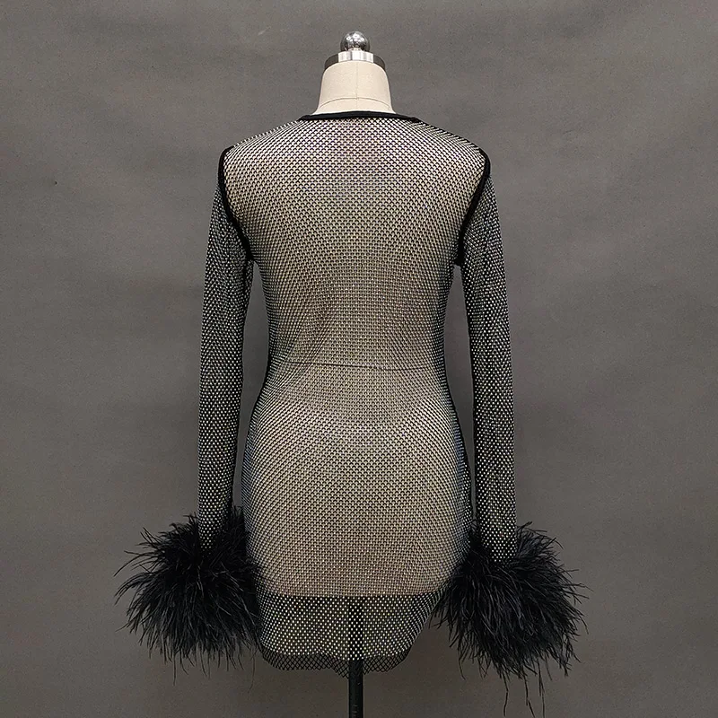 Feather Cuffs Long Sleeves Crystal Rhinestone Mesh Diamond Ostrich Feather Hollow Round Neck Perspective Bling Dress