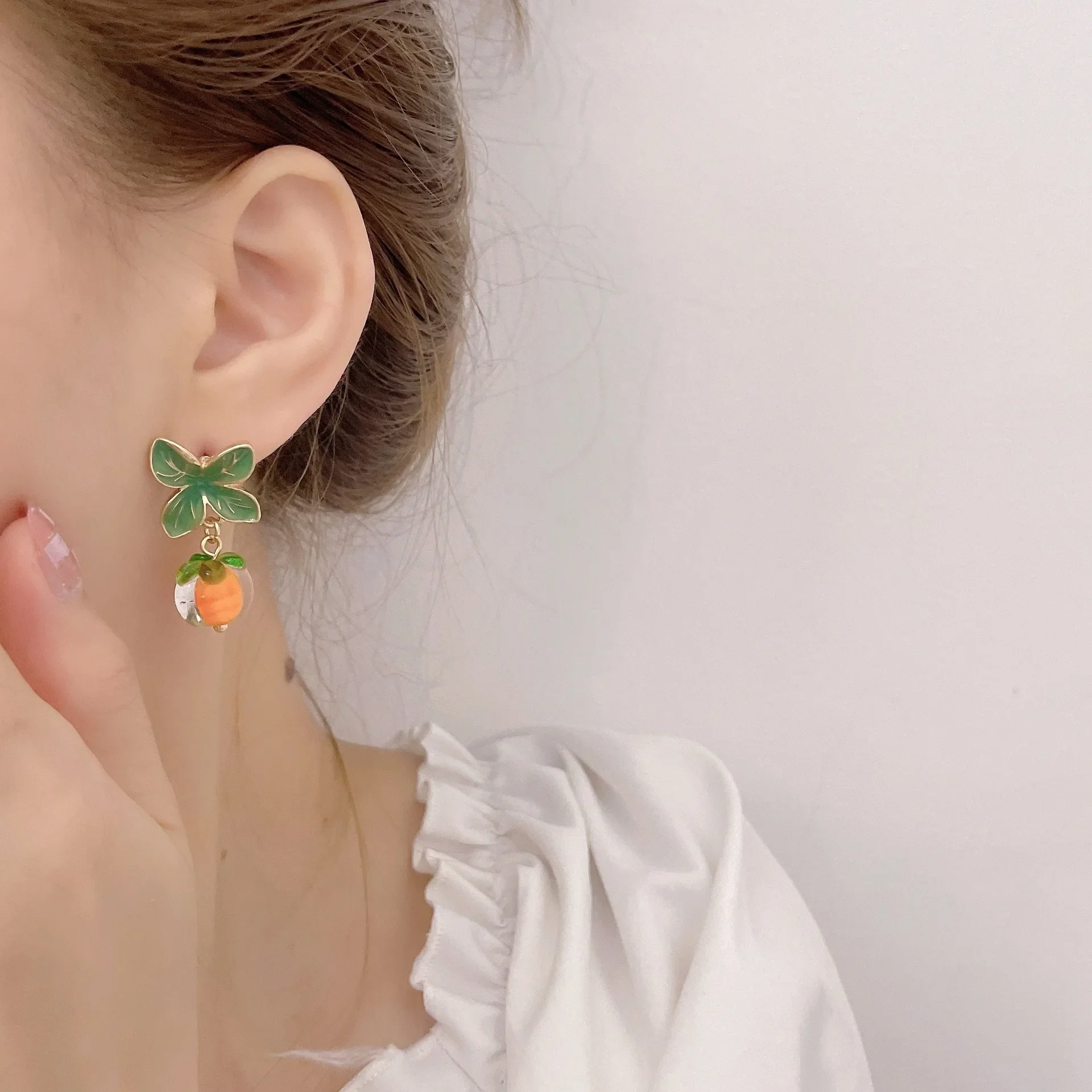 اليابانية Yuanqi فتاة البرتقال الزجاج الأذن كليب الملحقات الزجاج البرسيمون أقراط الرجعية لا ثقب الأذن قرط كبس #3