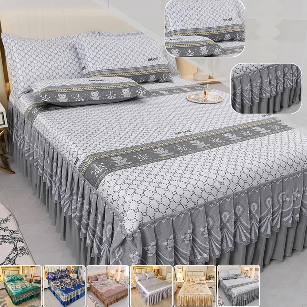 3Pcs Set Bed Skirt Style Bedspread with Ruffles European Style 38cm Hem Summer Bed Cover Mattress Dust Protection Cover 침대커버 치마형