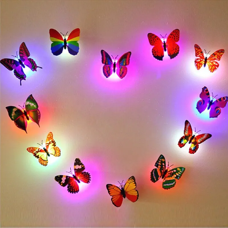 12PCs Multicolor Luminous 3D Butterfly Night Light Wall Sticker Paste Butterfly Decorative Light Random Style And Color