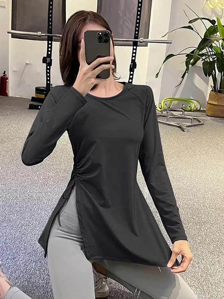 Sports Long Sleeve Shirts Yoga Top Pleated Slit Long Women Pulovers Fitness Loose Blouse Workout Running Quick-drying Gym Outfit