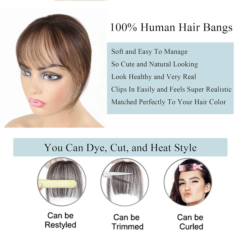Brown Clip In Bangs 100% Real Human Hair Wispy French Bangs Fringe with Temples Hairpiece Air Bangs for Women Hair Extensions