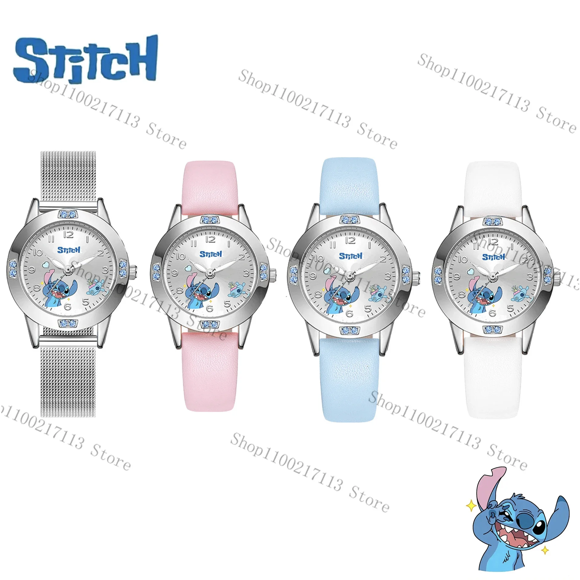 NEW Disney Stitch children\'s watches dial with diamond Analog digital quartz watch PU strap watch boys girls toys birthday gifts