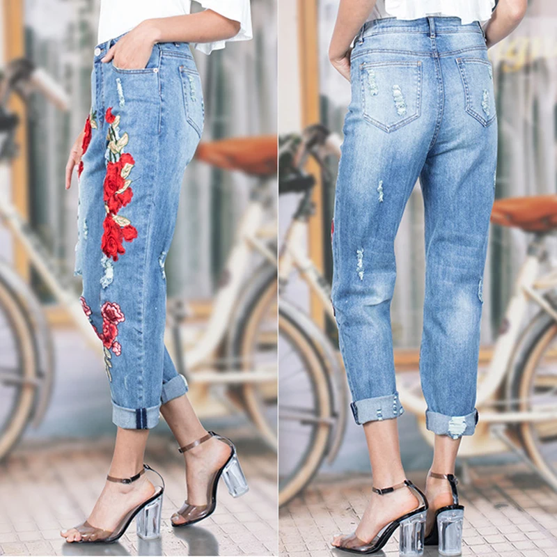 Stretch Ripped Jeans Embroidery Flower 3D Design Women Luxury Runway Capris Pants Street Hipster Denim Trousers Vintage Harajuku