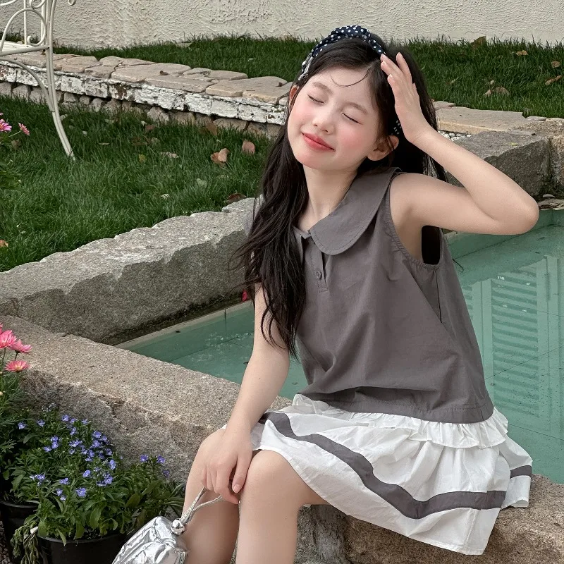 

Children Clothes Girl Suit Summer Sweet Cute Peter Pan Collar Sleeveless Top And White Skirt Two Piece Set 2026