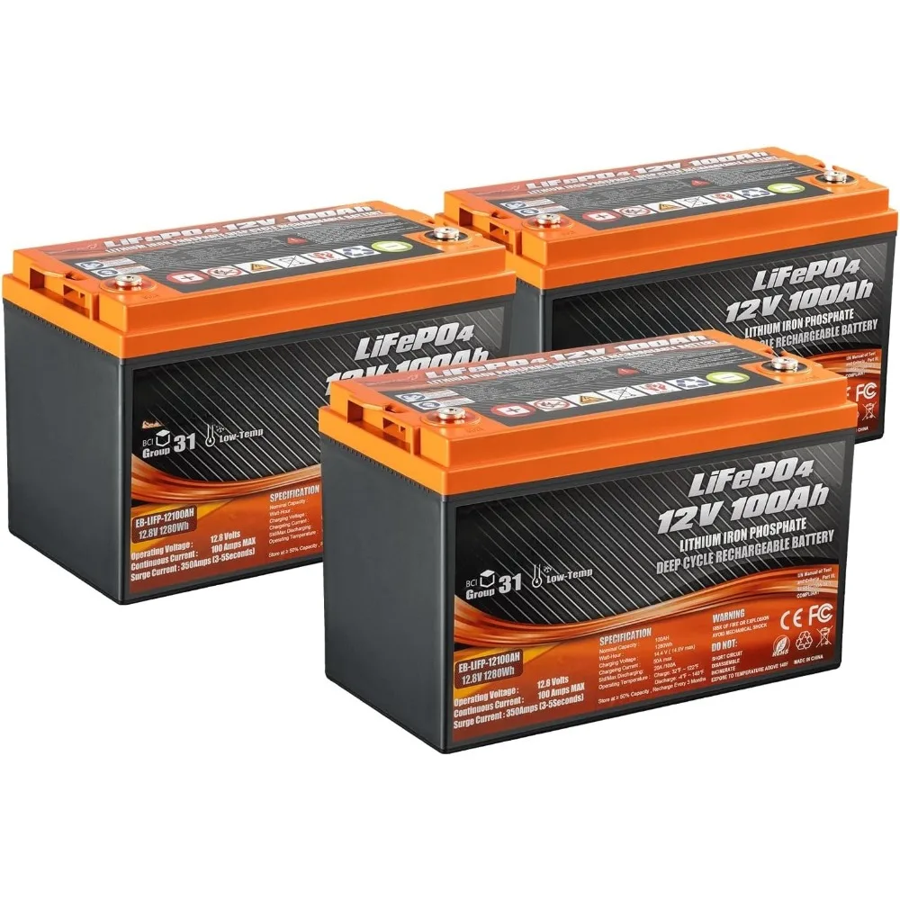 12V 100Ah LiFePO4 Lithium Battery, 100A BMS Deep Cycle Battery with Low Temp Cut Off, Up to 6 in Series, Peak Current 350A