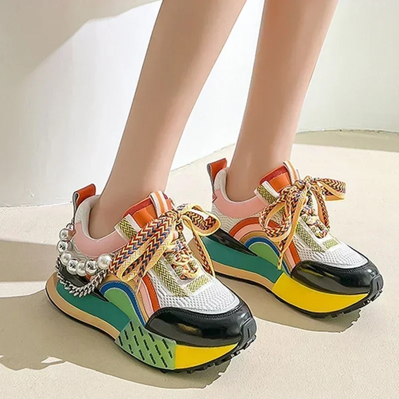 

New Lace Up Iridescent Pearl Chain Decorative Women's Vulcanized Shoes Women's Platform Sneakers Zapatos De Mujer Women Shoes