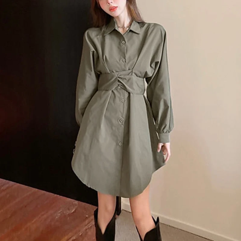 Spring Autumn Solid Color Turn-down Collar Long Sleeve Midi Dress Women High Street Casual Button Patchwork Lacing Bow Vestidos