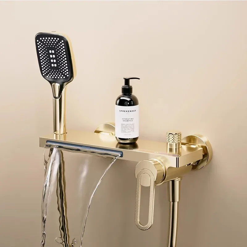 Brushed Gold Bath and Shower Faucet Set Wall Mounted Brass Gray Waterfall Bathtub and Shower Mixer Black Bathroom Taps Brass