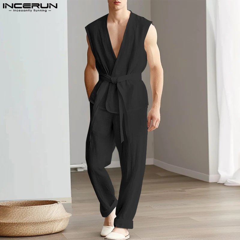 INCERUN Men Sets Solid Color V Neck Sleeveless Shirt With Belt & Pants Two Pieces Sets 2024 Summer Streetwear Men\'s Casual Suits