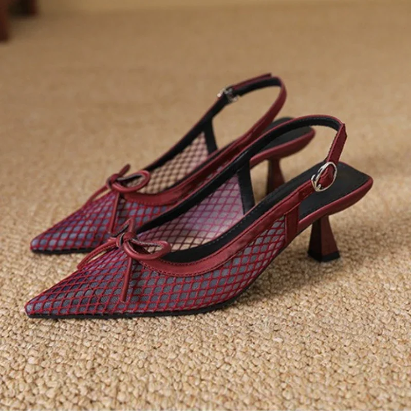 

Summer Mesh Breathable High Heels Sandals for Women Sexy Bow Decoration Pointed Toe Slingback Heeled Sandals Sandalias De Mujer