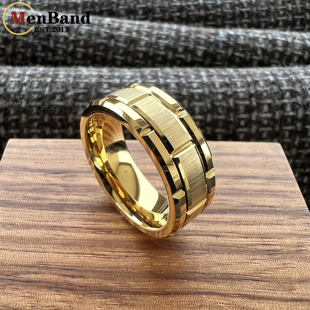 MenBand Fashion Mens 8MM Gold Color Tungsten Carbide Wedding Ring Multi-Faceted Grooved Polished Brushed Unique Gift Jewelry