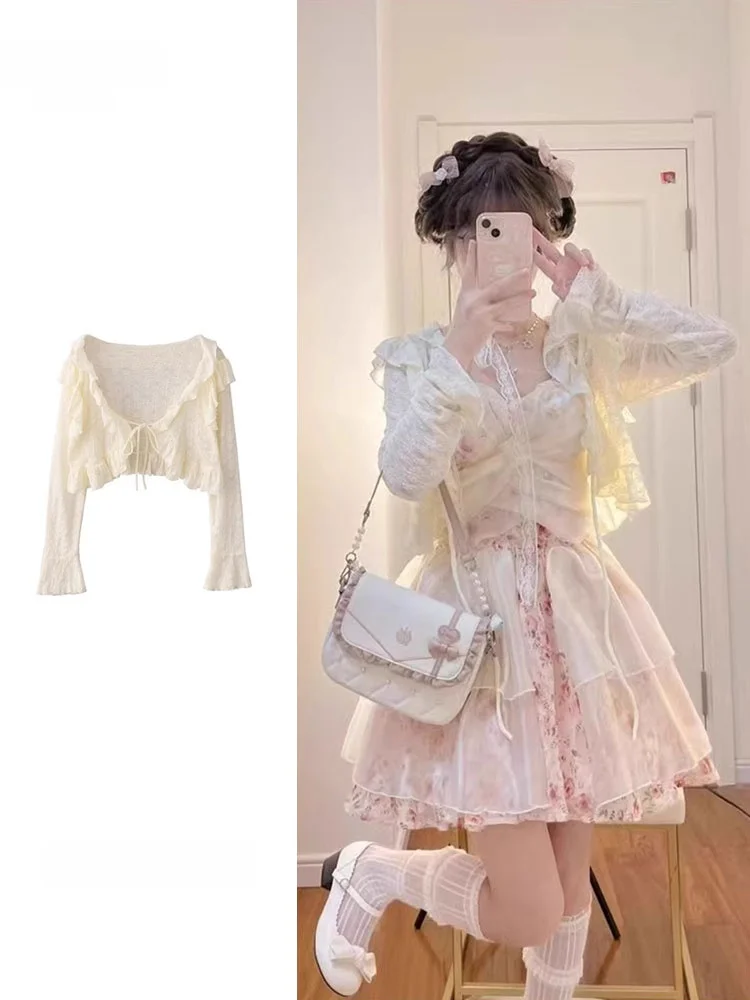 

Large Size Lace Trim Belted Sun Protection Open Cardigan Women's Summer Outerwear Short Shoulder Shawl Cover up Long Sleeve Top