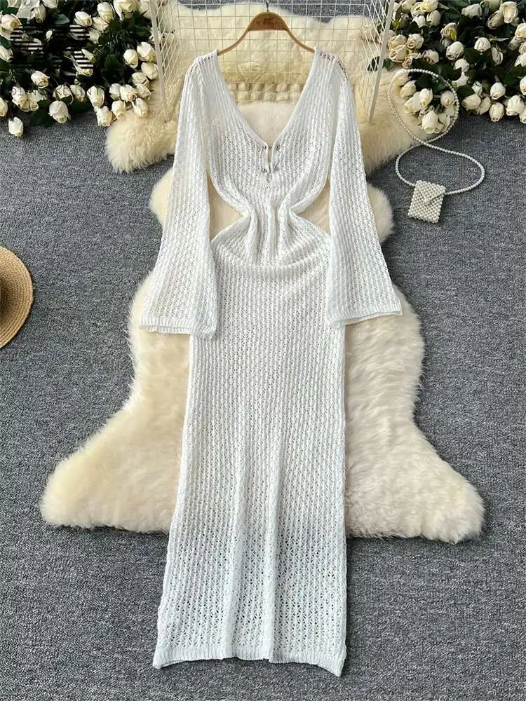 BabYoung مثير منتصف طول الحياكة المرأة الصيف مضيئة كم الخامس الرقبة الجوف خارج السيدات منتظم صالح مزاجه الصلبة اللباس