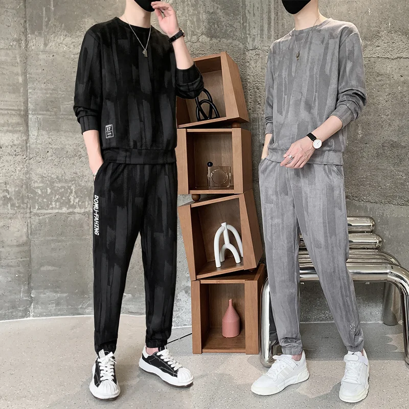 

Осенний мужской повседневный комплект спортивной одежды из двух предметов, толстовка с круглым вырезом для бега, модная модная удобная одежда для отдыха с блочным принтом