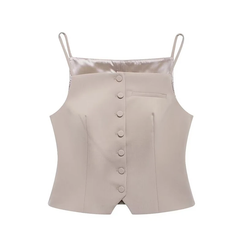 Willshela Women Fashion Khaki Single Breasted Cropped Tank Tops Vintage Thin Straps Square Collar Female Chic Lady Crop Top