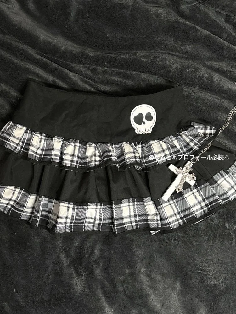 Summer Gothic Y2K Skeleton Patch Checkered Ruffle Hot Girl Mini Skirt Women's Layered Punk Cute Fashion Short Skirt