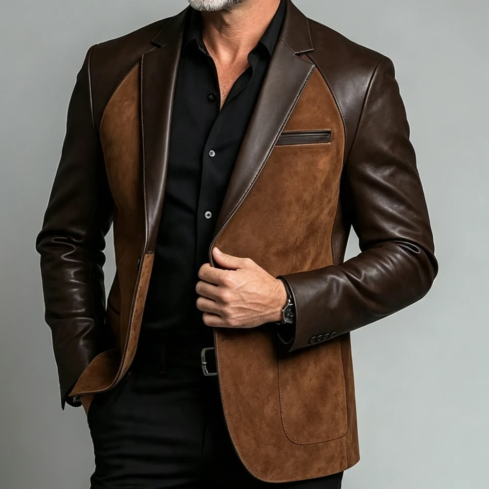 Men's Leather Patchwork Suede Blouson Jacket Slim Fit Casual Business Blazer Coat Single Breasted Fashion Party Suit Jacket