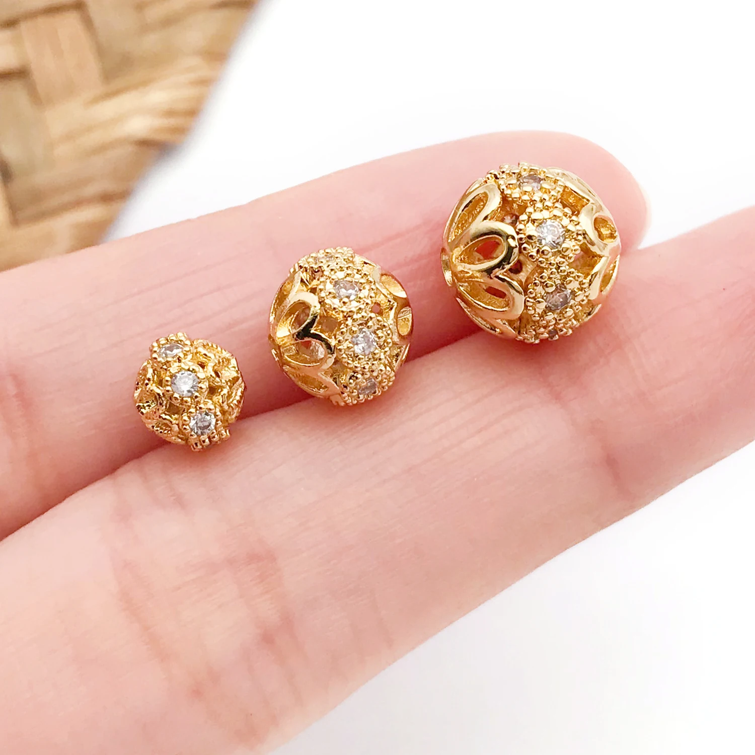 5pcs 18K Real Gold Plated Brass with Zircon Round Beads Hollow Spacer Beads For DIY Bracelet Necklace Jewelry Making Accessory image 4