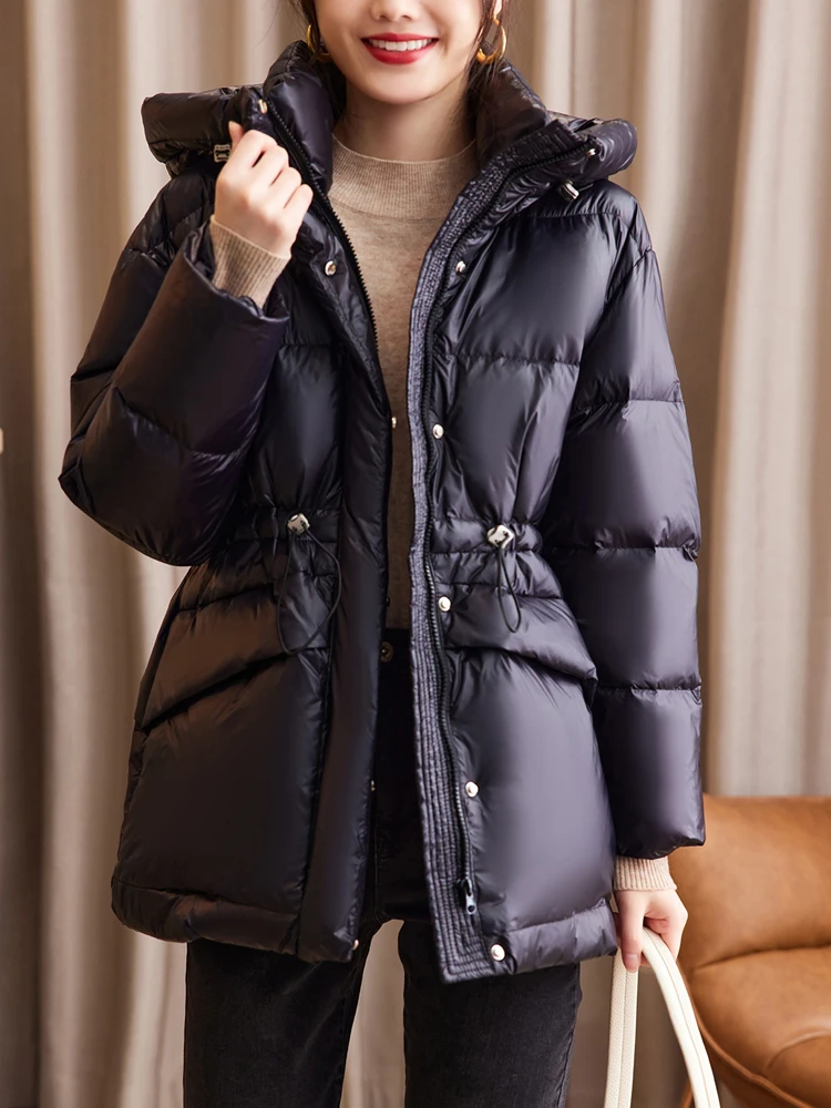 White Duck Down Coats for Women, Drawstring Hooded Waist Jackets, Stylish and Warm Outwear, Winter Clothing