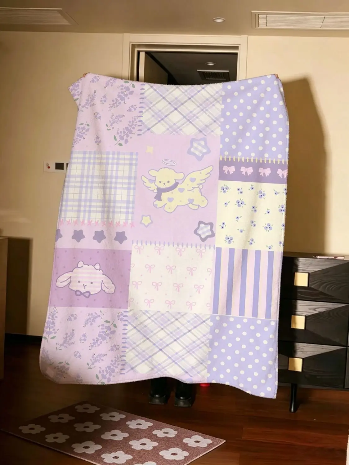 Lightweight Air‑Condition Lap Blanket Creamy Purple Cozy Patchwork Flannel Throw Blanket Healing Design for Sofa Lunch Break Hom