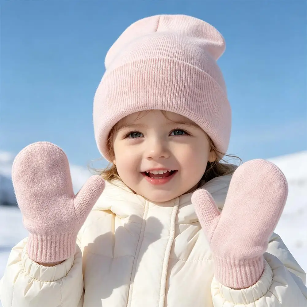 Baby Beanie Hat Gloves Set, Kids Winter Warm Knitted Hat with Gloves,Toddler Soft Beanie for Little Boys Little Girls 2-5 Years