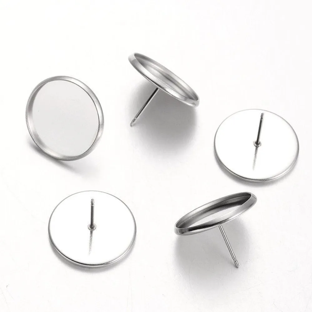 20pcs Tarnish Resistant Flat Round Stainless Steel Stud Earring Settings Stainless Steel color Tray: 16mm 18mm Pin: 0.7mm