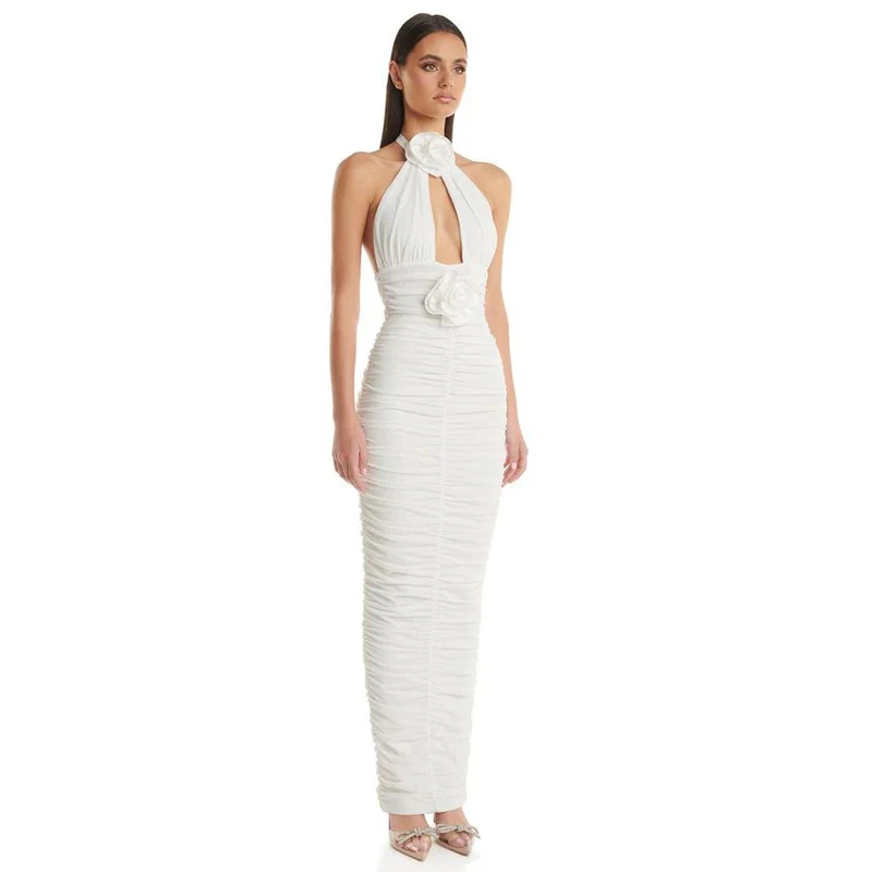 Novo sexy corte flor plissado bodycon vestido longo, feminino luxo branco halter vestido com luvas, cocktail elegante vestido de aniversário