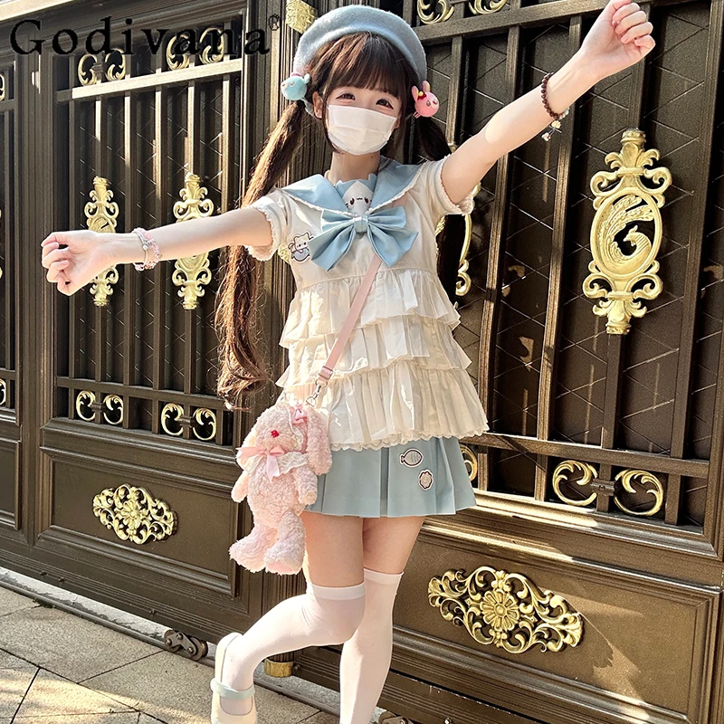 

Japanese Lolita Style Jk Uniform Set Sweet Girl Cute Embroidered Navy Collar Short Top Mini Skirt Set Daughter Kawaii Clothes